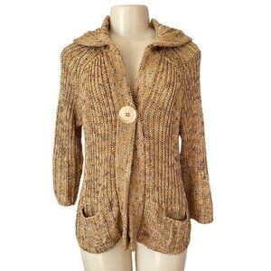Vertigo Marled Tan‎ Lagenlook Button Cardigan 3/4 Sleeve Pockets Hooded Sweater